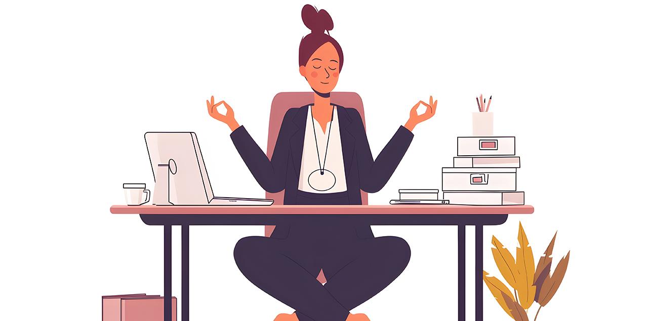 Young teacher sitting at desk doing yoga.